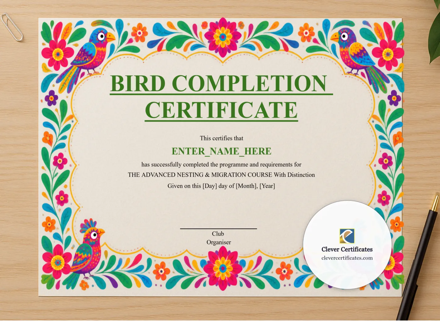 Professional preview of Bird Completion Certificate certificate on high-quality stationery paper, ideal for showcasing the final look.