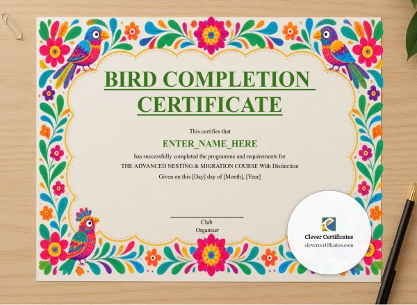 Professional preview of Bird Completion Certificate certificate on high-quality stationery paper, ideal for showcasing the final look.