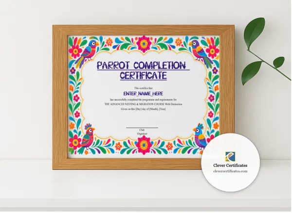 Realistic mockup featuring Parrot Completion Certificate displayed within a modern frame, set against a minimalistic background.