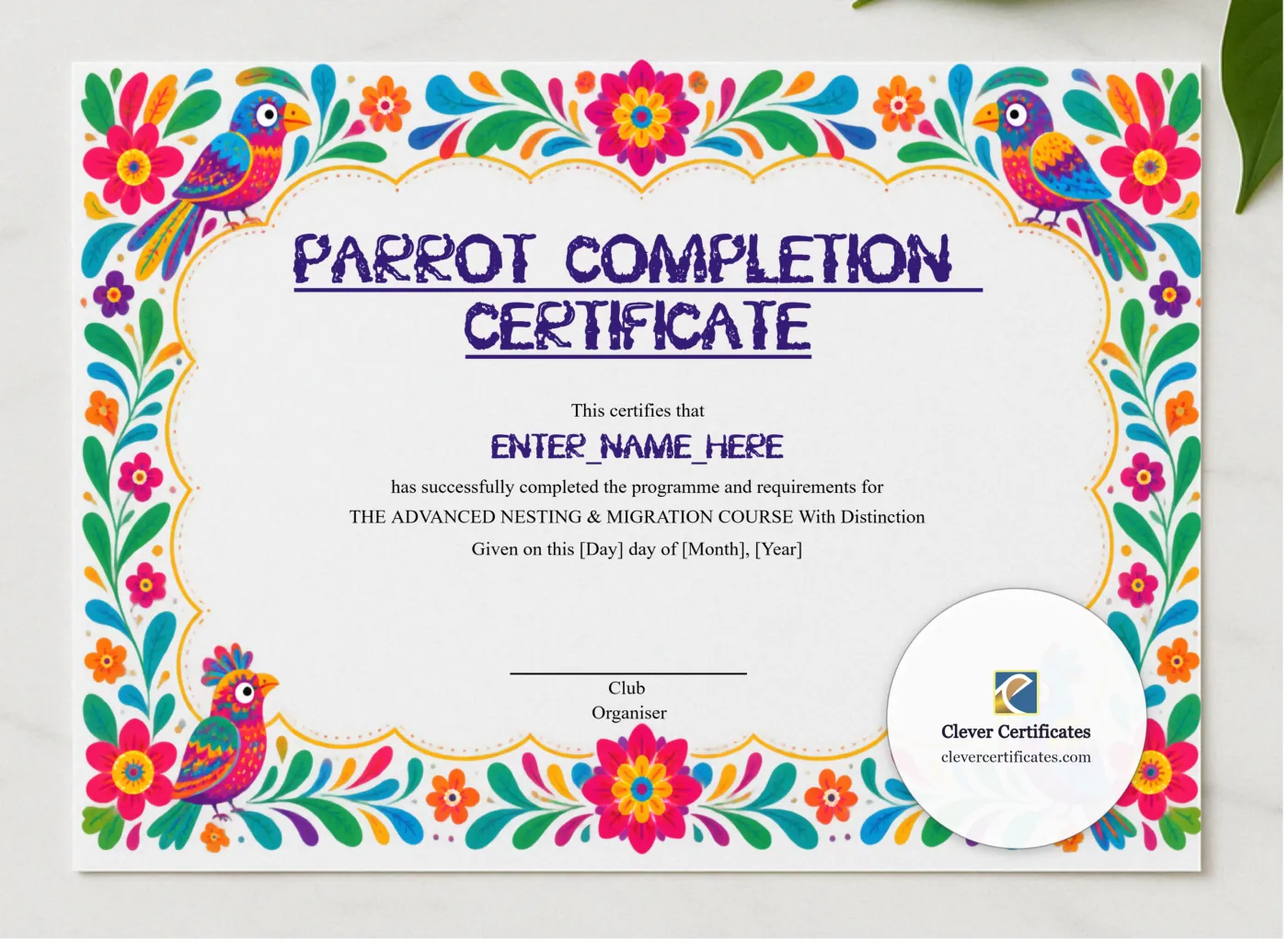 Parrot Completion Certificate presented in a sleek wooden frame, elegantly arranged on a stylish table.