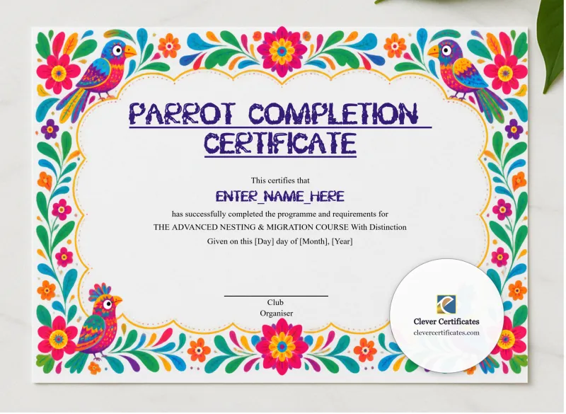 Parrot Completion Certificate presented in a sleek wooden frame, elegantly arranged on a stylish table.