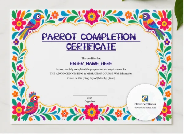 Parrot Completion Certificate presented in a sleek wooden frame, elegantly arranged on a stylish table.