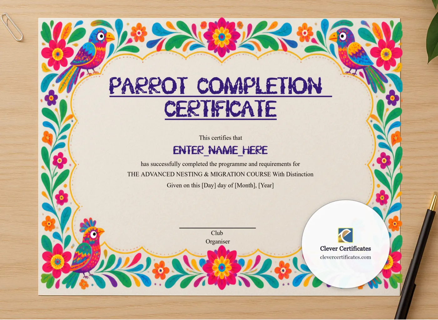 Professional preview of Parrot Completion Certificate certificate on high-quality stationery paper, ideal for showcasing the final look.