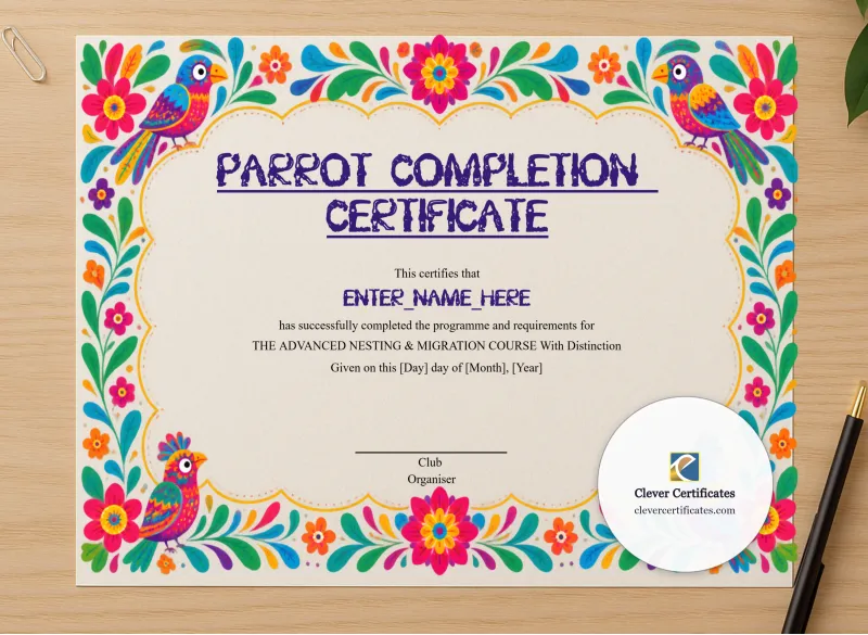 Professional preview of Parrot Completion Certificate certificate on high-quality stationery paper, ideal for showcasing the final look.