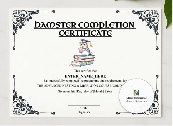 Hamster Completion Certificate presented in a sleek wooden frame, elegantly arranged on a stylish table.