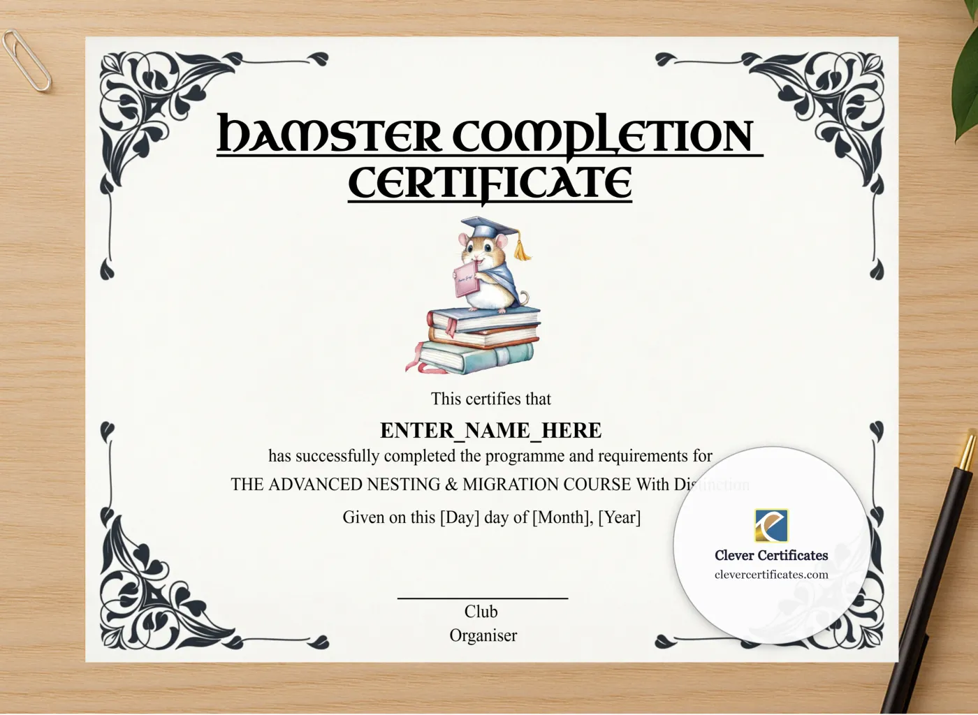 Professional preview of Hamster Completion Certificate certificate on high-quality stationery paper, ideal for showcasing the final look.