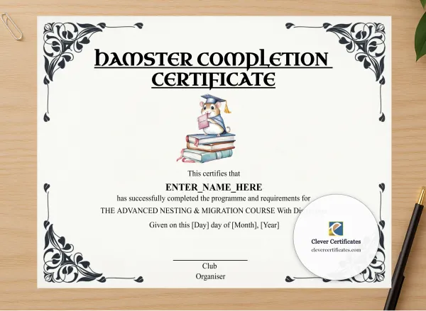 Professional preview of Hamster Completion Certificate certificate on high-quality stationery paper, ideal for showcasing the final look.