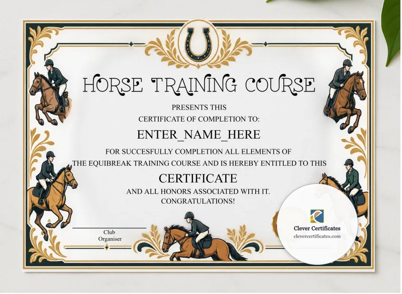 Horse Completion Certificate presented in a sleek wooden frame, elegantly arranged on a stylish table.