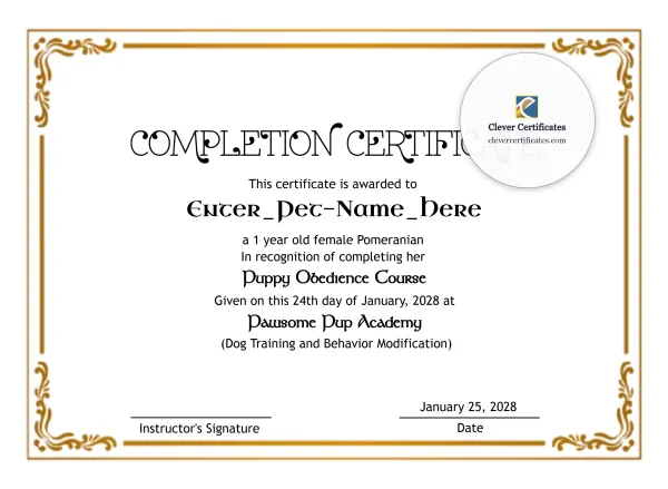 Free Pet Completion Certificate Template — Landscape