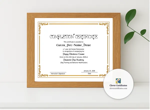 Realistic mockup featuring Pet Completion Certificate displayed within a modern frame, set against a minimalistic background.