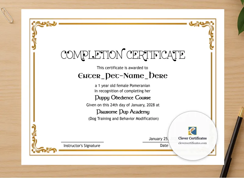 Professional preview of Pet Completion Certificate certificate on high-quality stationery paper, ideal for showcasing the final look.