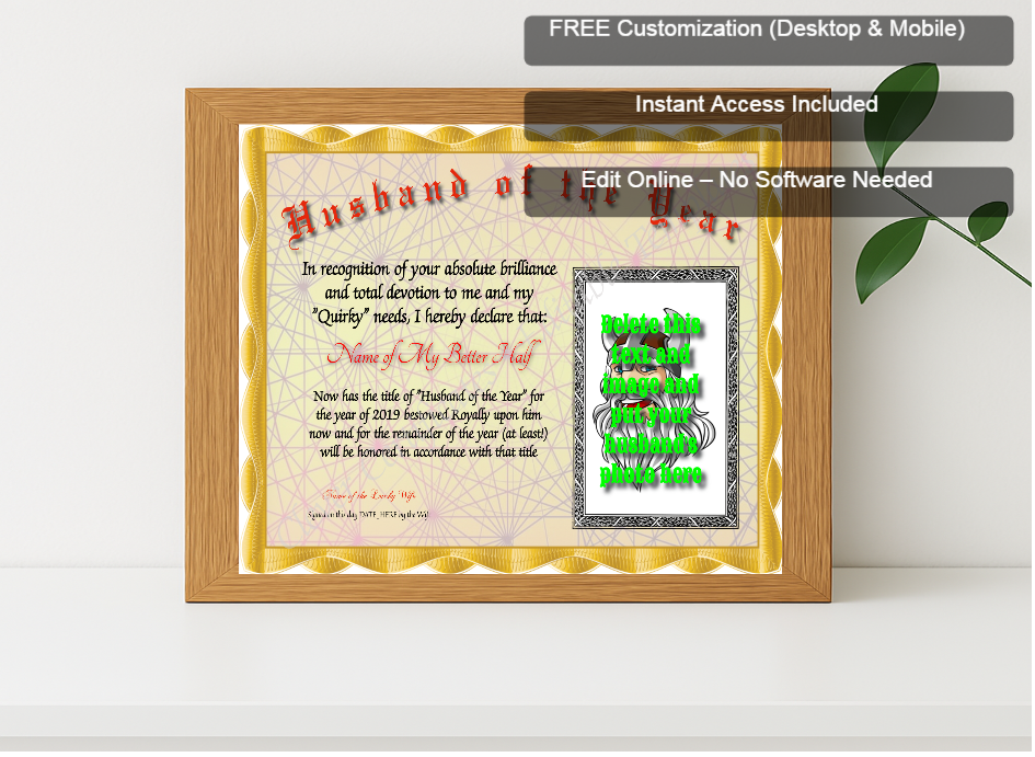 Premium mockup with Free Editor badge stack for Husband Of The Year Photo