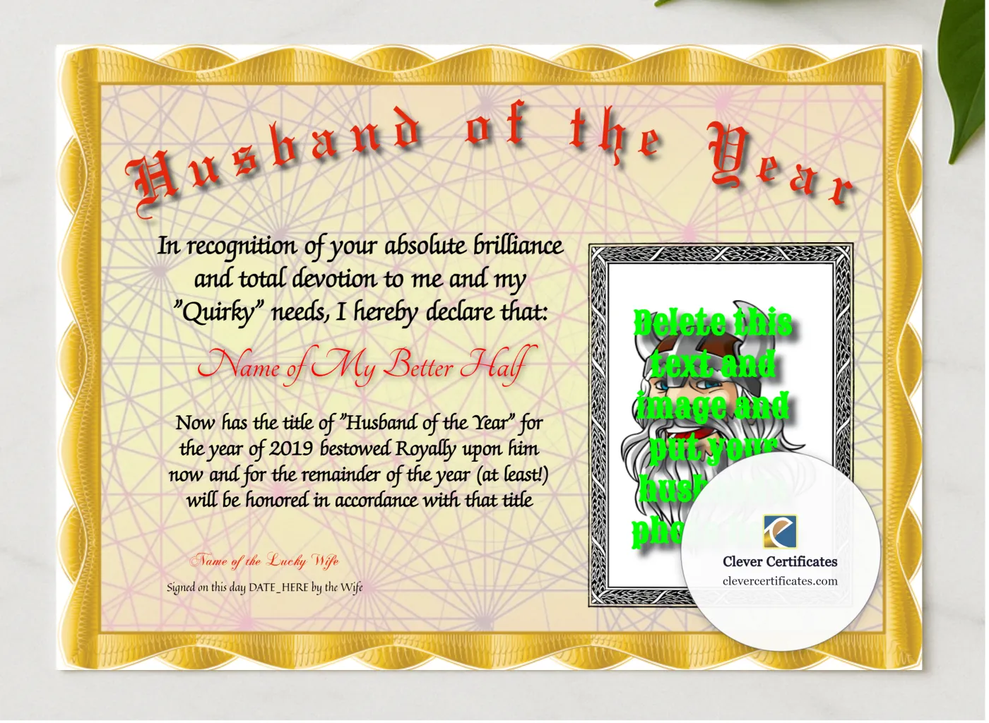 Husband Of The Year Photo presented in a sleek wooden frame, elegantly arranged on a stylish table.