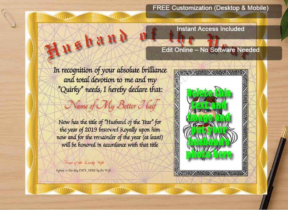 Zoomed preview with Free Editor badge stack for Husband Of The Year Photo
