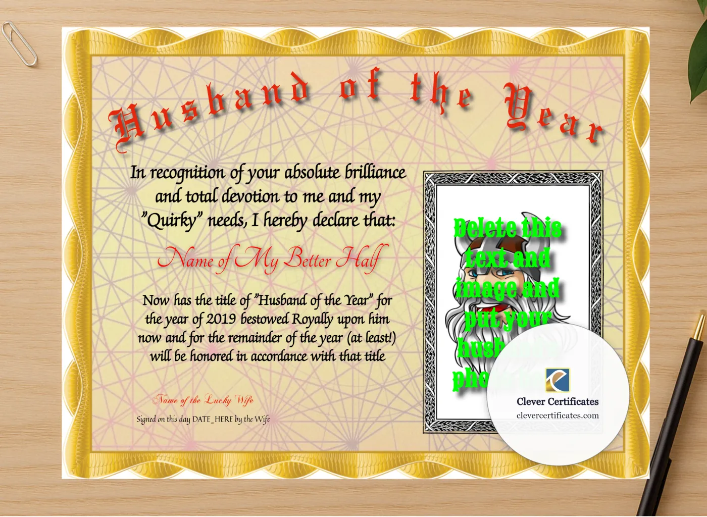 Professional preview of Husband Of The Year Photo certificate on high-quality stationery paper, ideal for showcasing the final look.