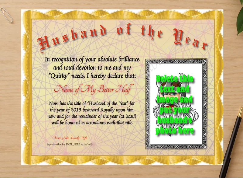 Professional preview of Husband Of The Year Photo certificate on high-quality stationery paper, ideal for showcasing the final look.