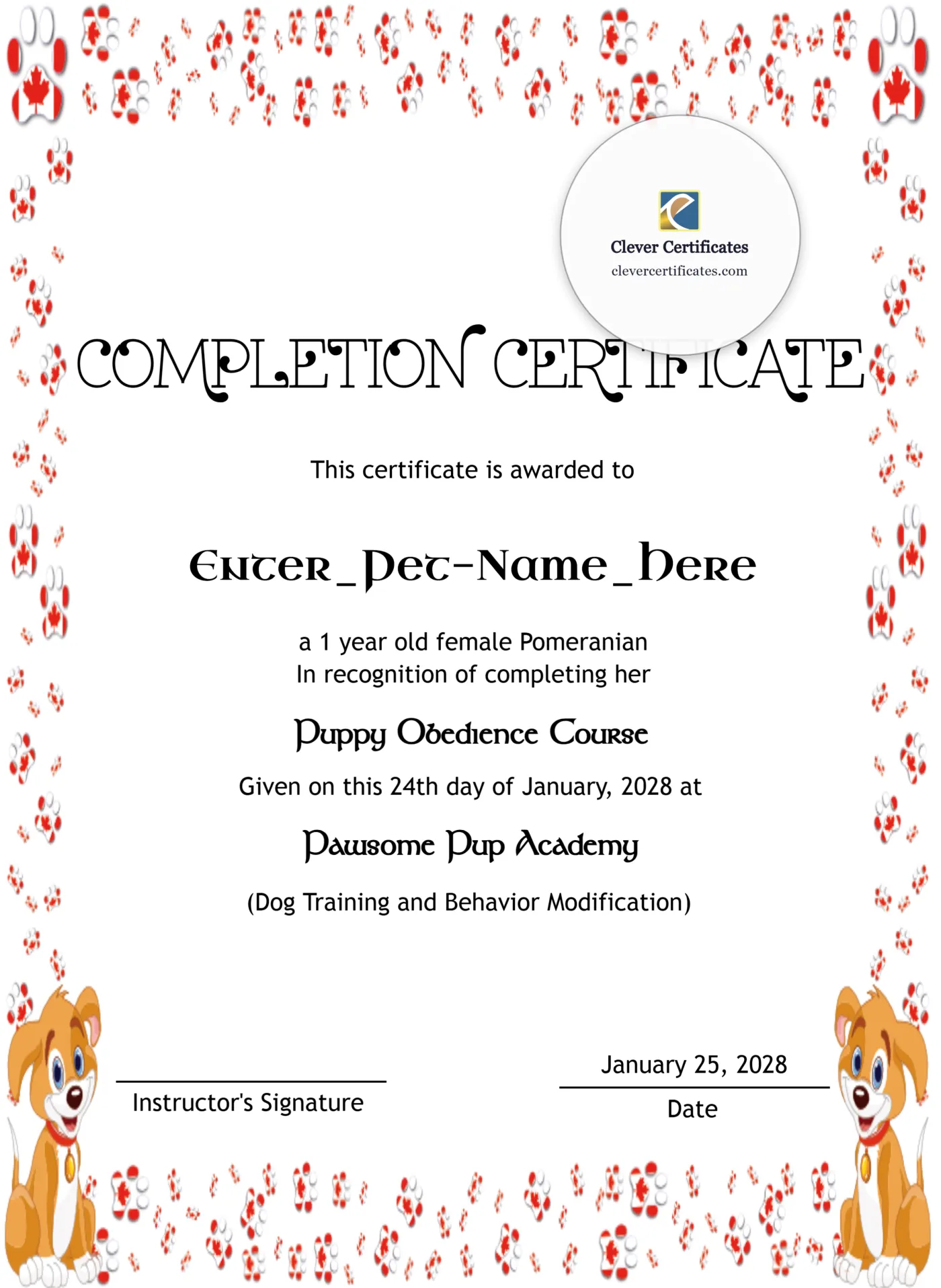 Pet Completion Certificate Portrait — Certificate Template Preview