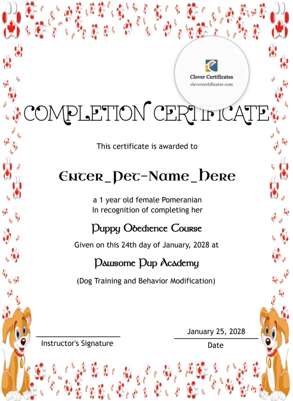 Free Pet Completion Certificate Template — Portrait