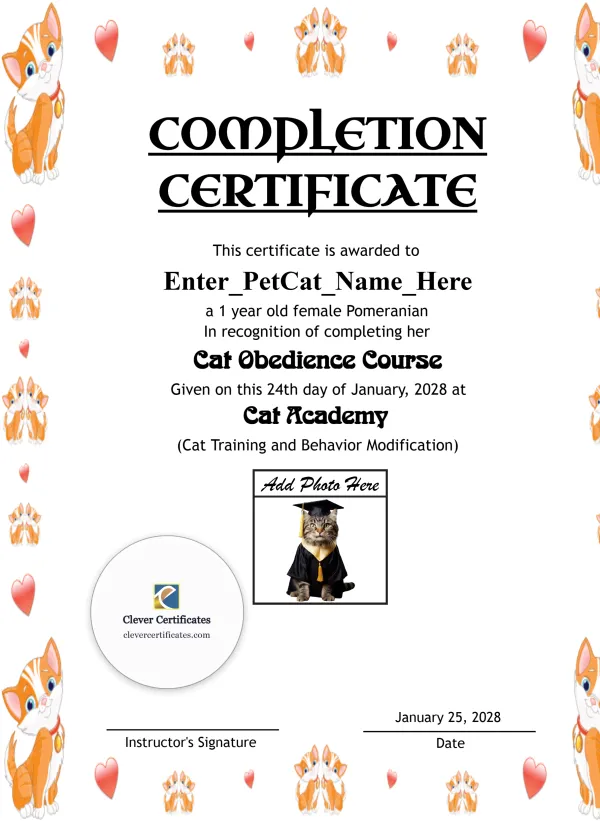 Free Cat Completion Certificate Template — Portrait