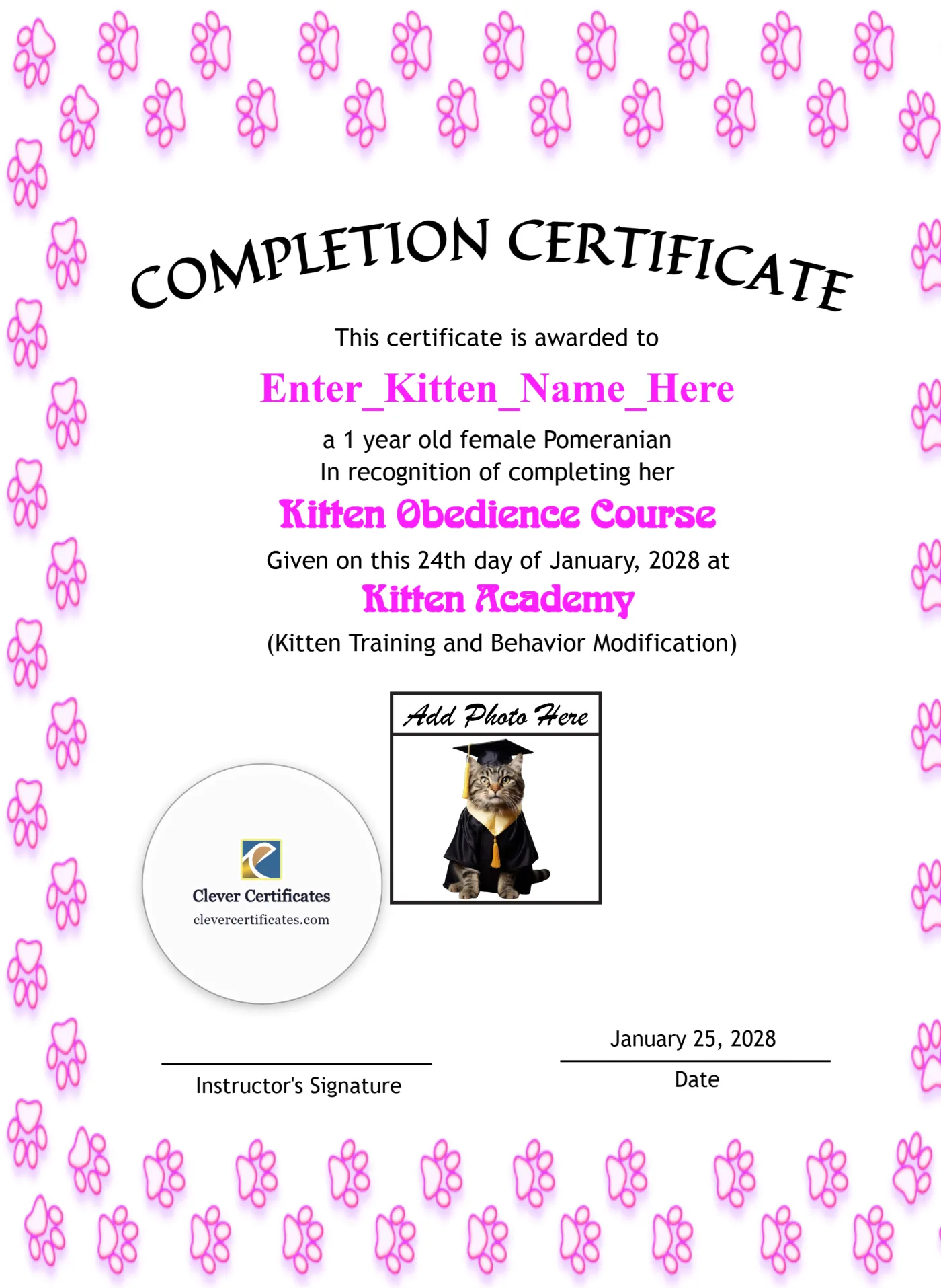 Kitten Completion Certificate Portrait — Certificate Template Preview