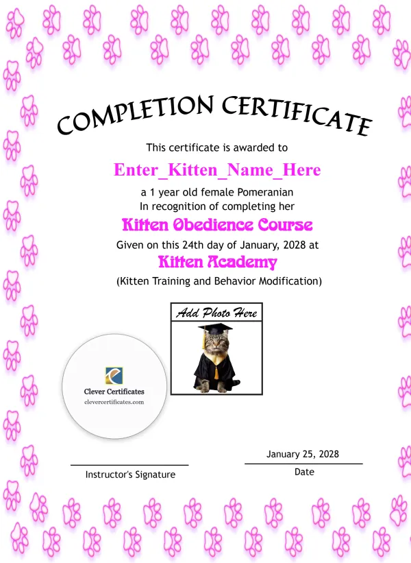 Free Kitten Completion Certificate Template — Portrait