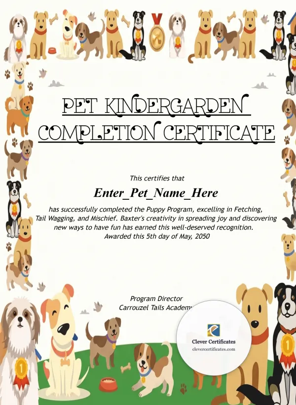 Free Pet Kindergarten Completion Certificate Template — Portrait