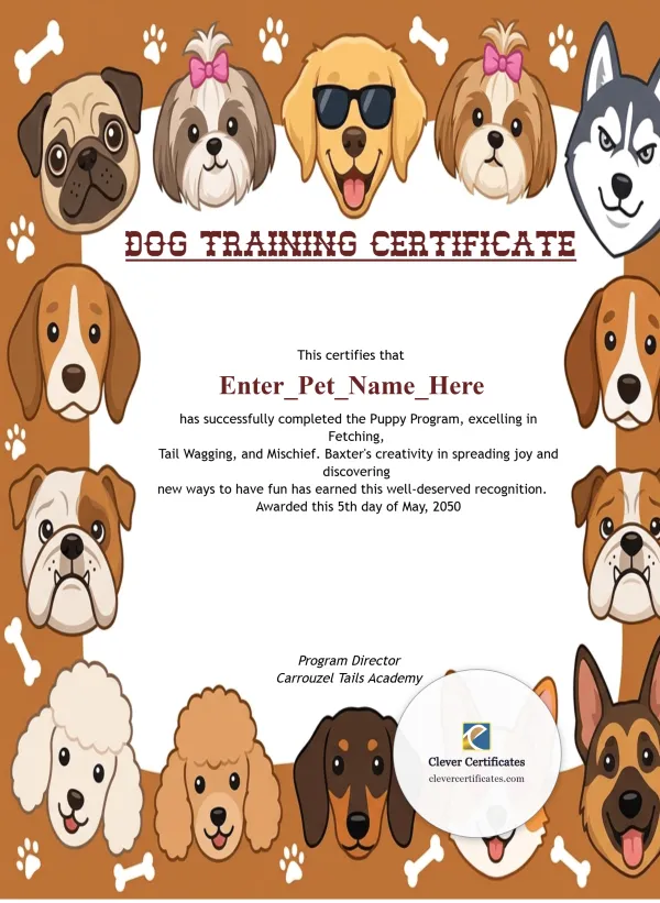 Free Dog Training Certificate Template — Portrait