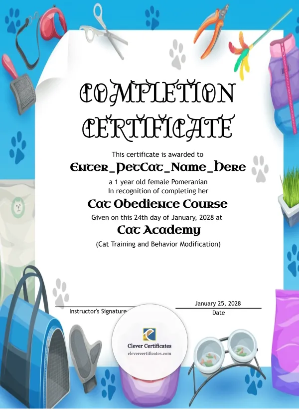 Free Cat Training Certificate Template — Portrait