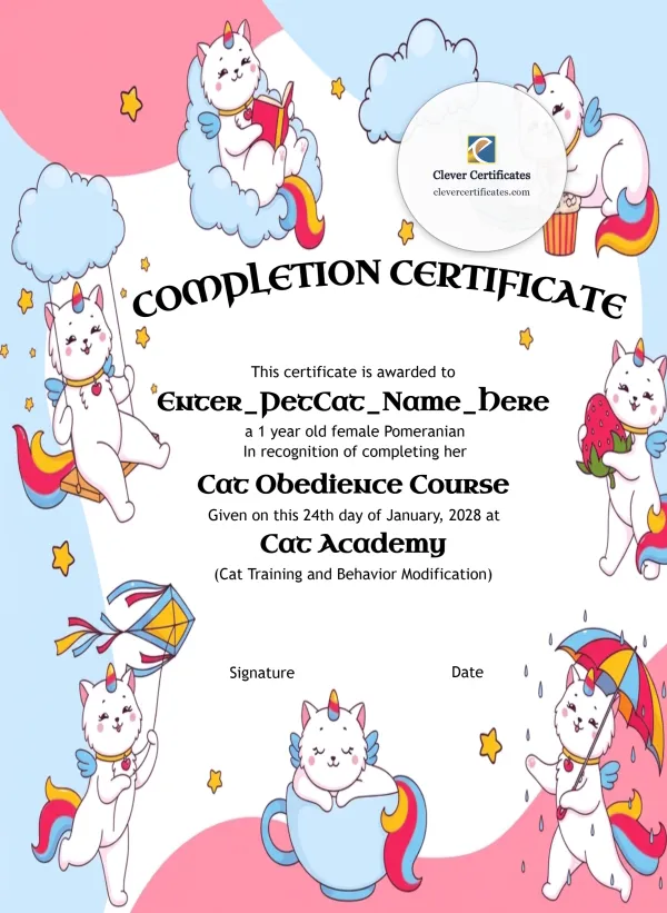Free Kitten Training Certificate Template — Portrait