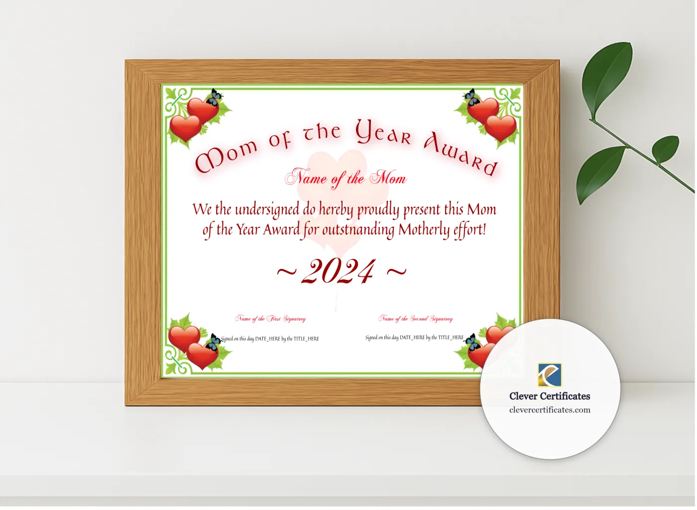 Realistic mockup featuring Mom Of The Year Award displayed within a modern frame, set against a minimalistic background.