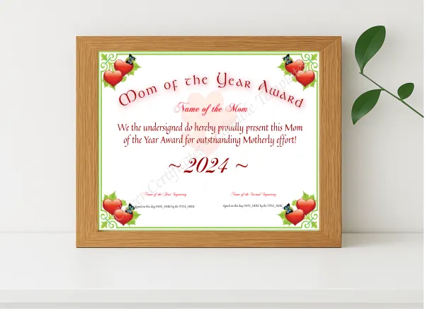 Realistic mockup featuring Mom Of The Year Award displayed within a modern frame, set against a minimalistic background.