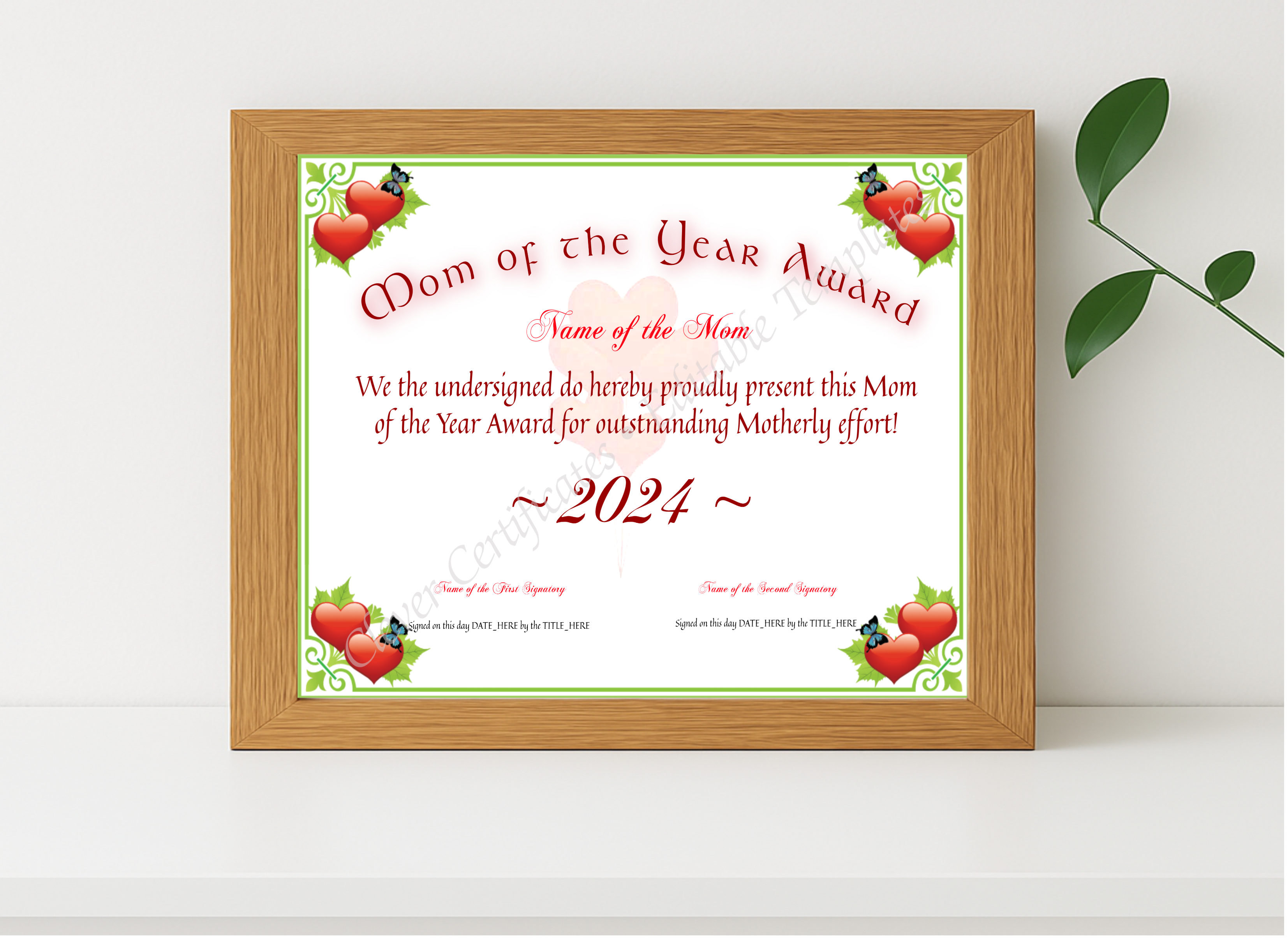 Realistic mockup featuring Mom Of The Year Award displayed within a modern frame, set against a minimalistic background.
