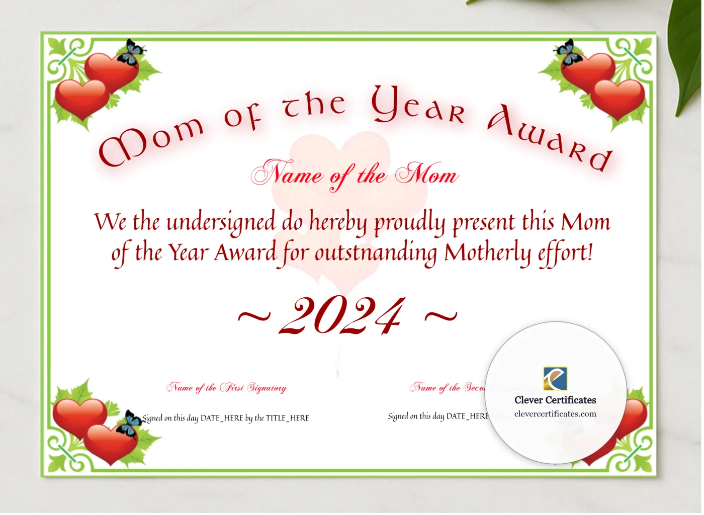 Mom Of The Year Award presented in a sleek wooden frame, elegantly arranged on a stylish table.