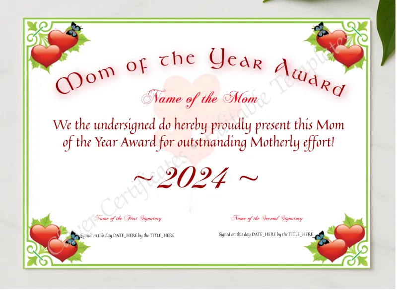 Mom Of The Year Award presented in a sleek wooden frame, elegantly arranged on a stylish table.