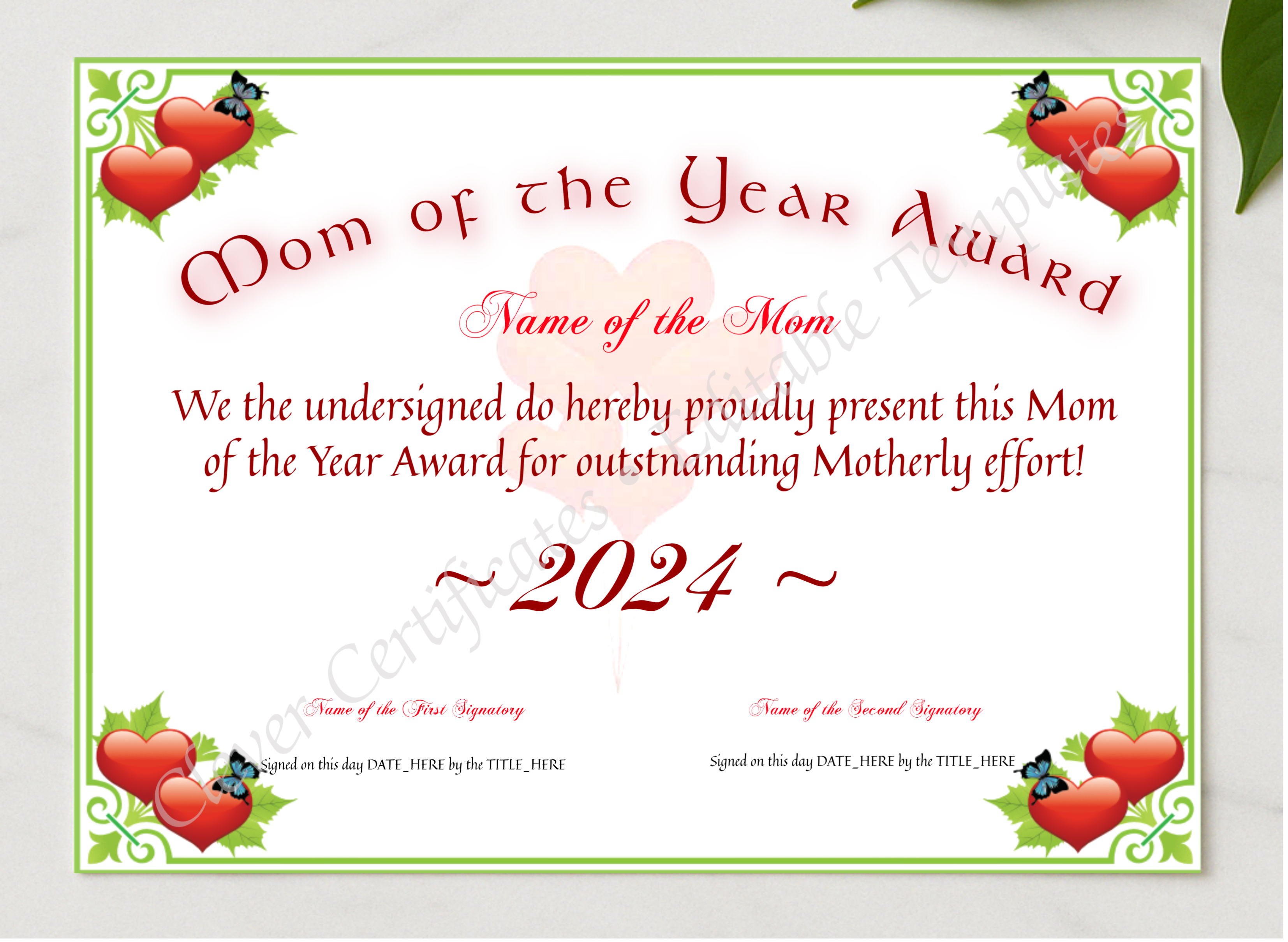 Mom Of The Year Award presented in a sleek wooden frame, elegantly arranged on a stylish table.