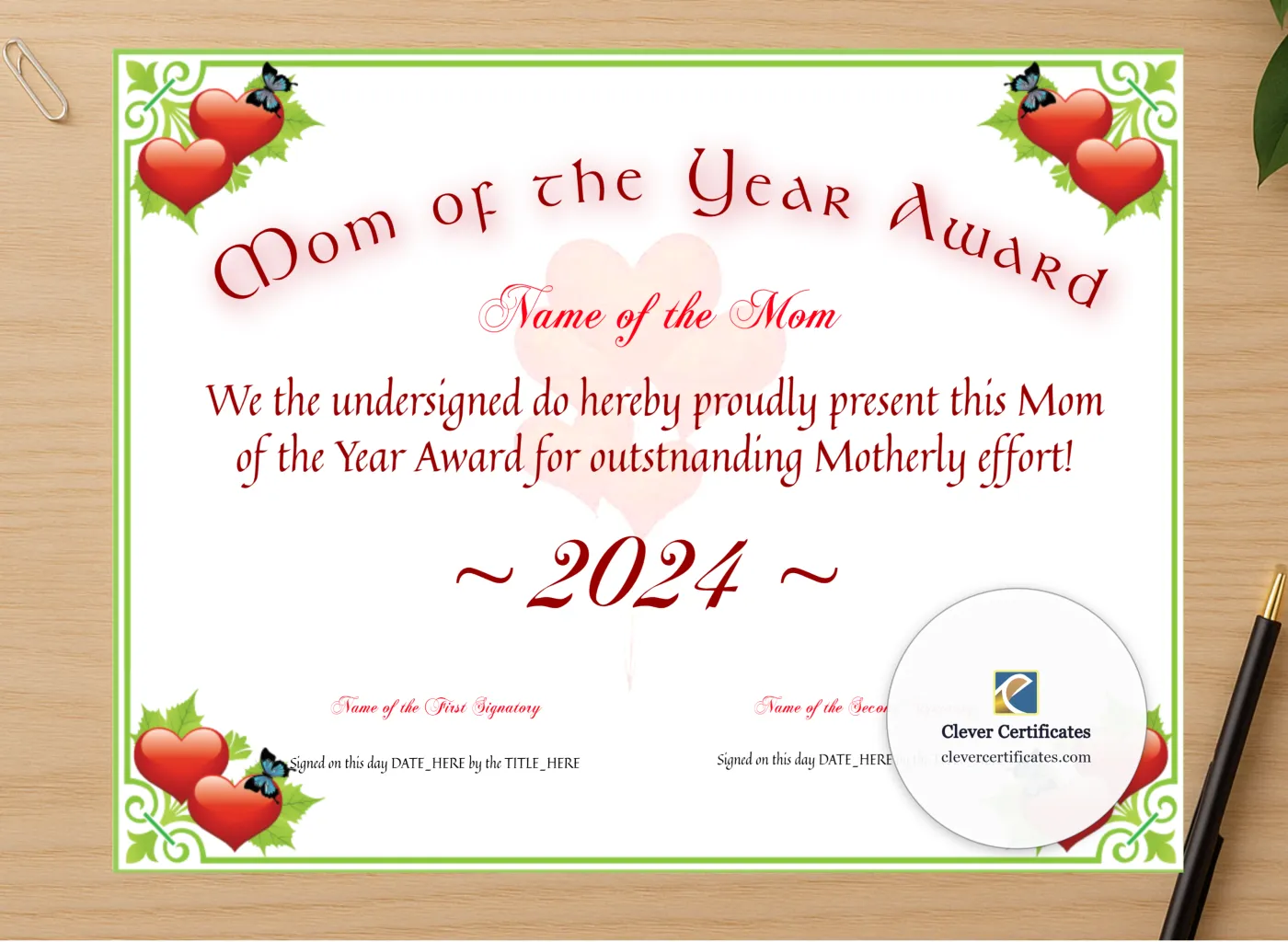 Professional preview of Mom Of The Year Award certificate on high-quality stationery paper, ideal for showcasing the final look.