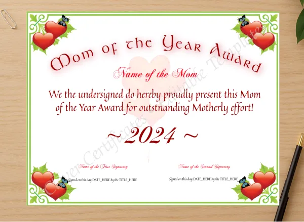 Professional preview of Mom Of The Year Award certificate on high-quality stationery paper, ideal for showcasing the final look.