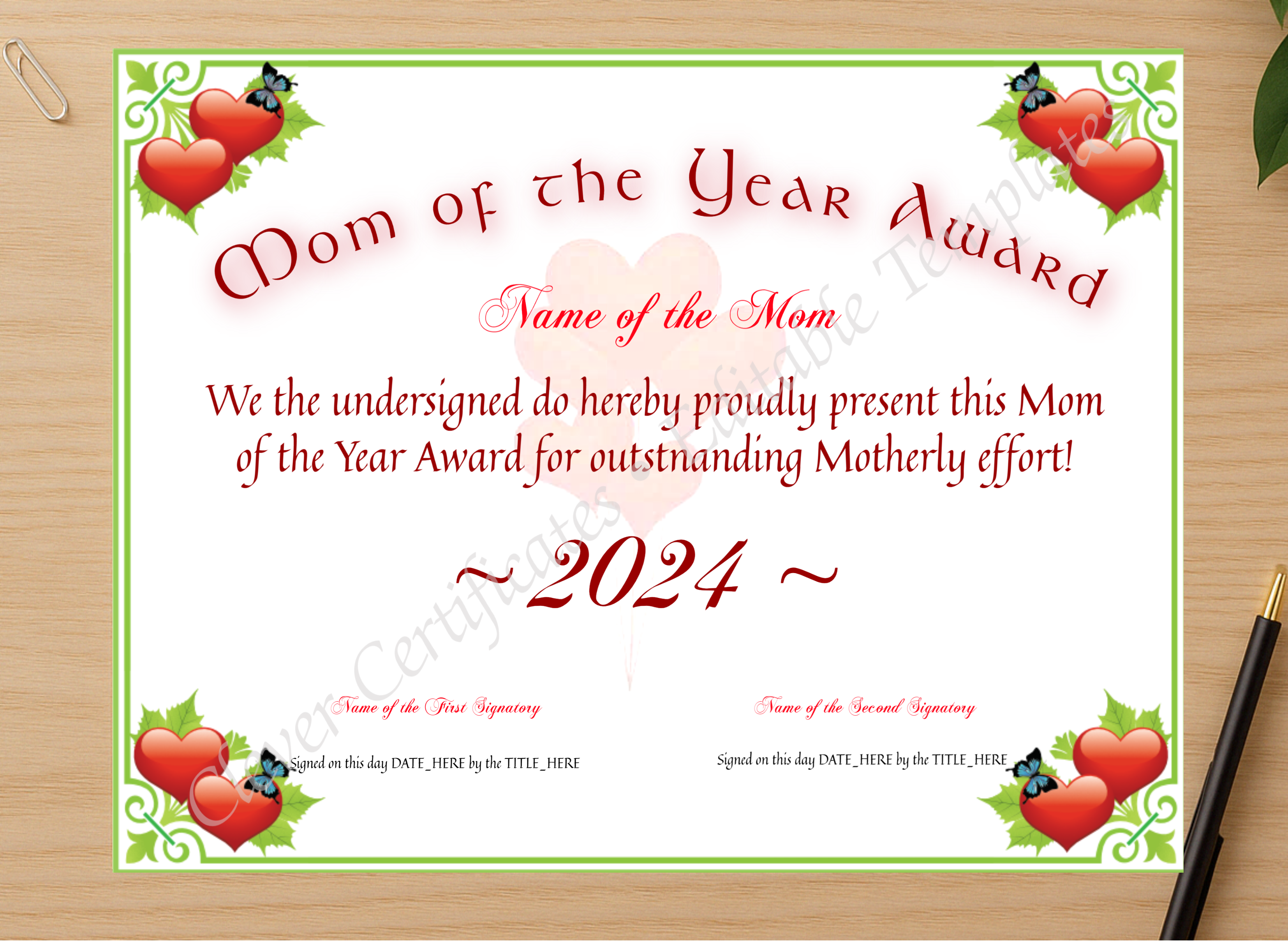 Professional preview of Mom Of The Year Award certificate on high-quality stationery paper, ideal for showcasing the final look.