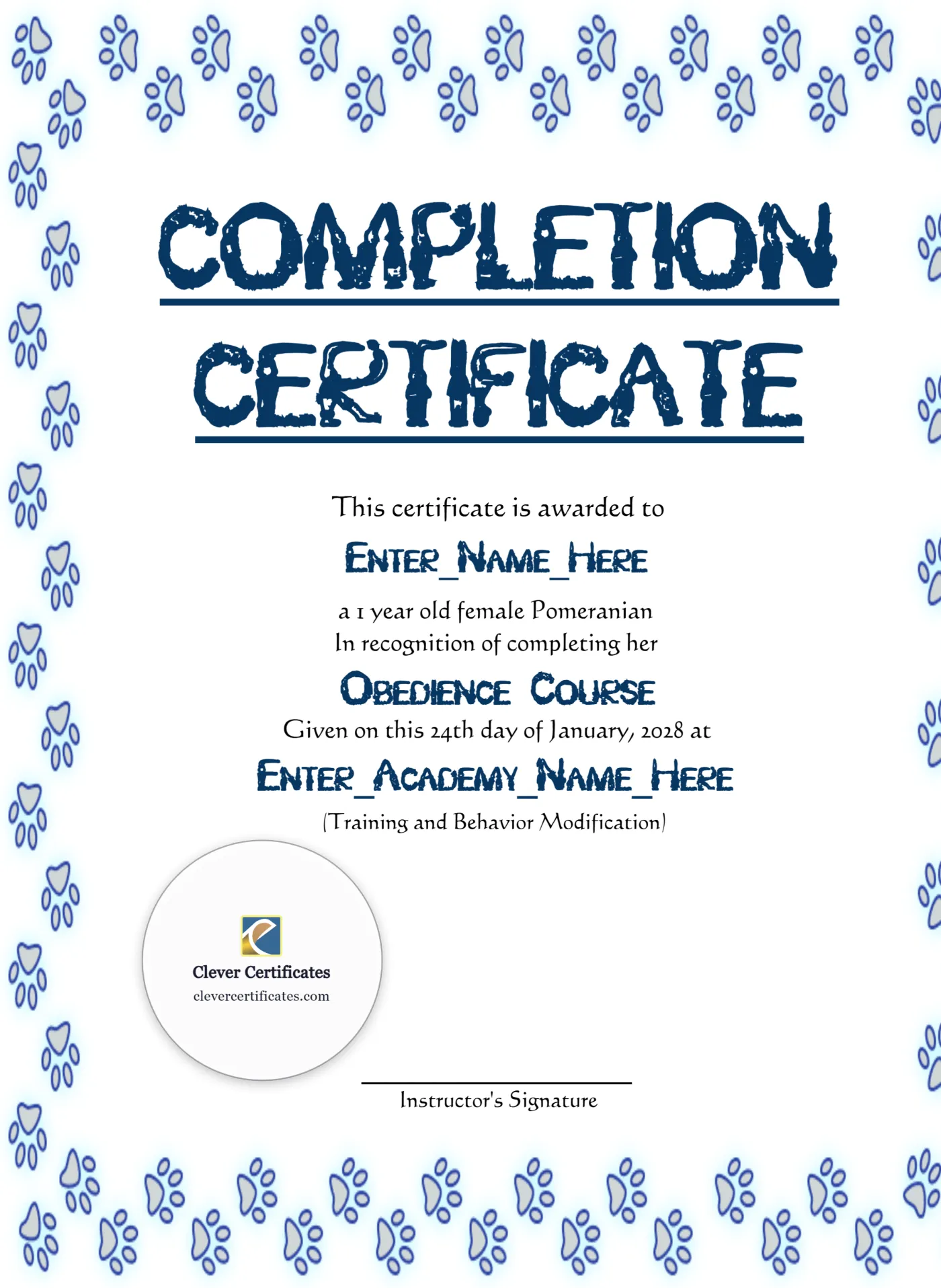 Honorary Dog Achiever Certificate Portrait — Certificate Template Preview
