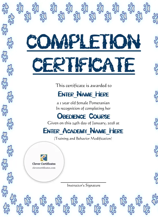 Free Honorary Dog Achiever Certificate Template — Portrait