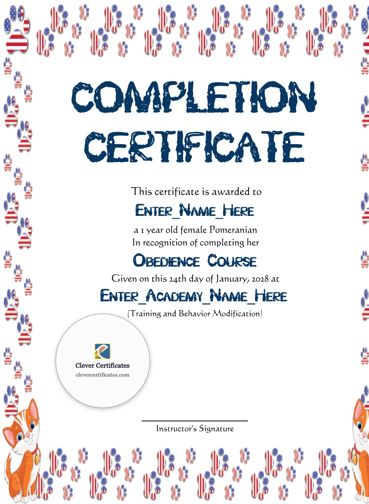 Honorary Cat Achiever Certificate Portrait — Certificate Template Preview