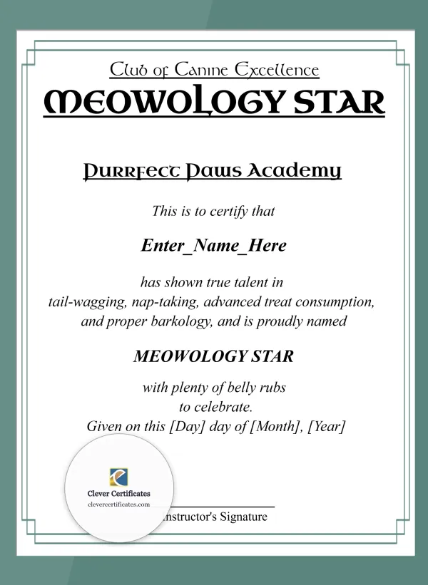 Free Meowology Star Certificate Template — Portrait