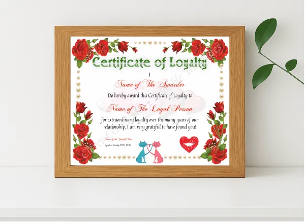 Realistic mockup featuring Loyalty Certificate displayed within a modern frame, set against a minimalistic background.