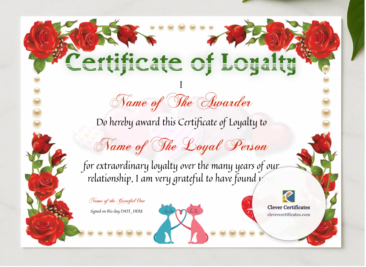 Loyalty Certificate presented in a sleek wooden frame, elegantly arranged on a stylish table.