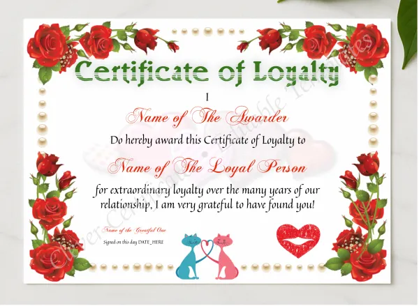Loyalty Certificate presented in a sleek wooden frame, elegantly arranged on a stylish table.