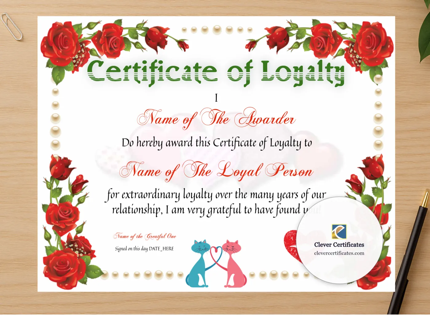 Professional preview of Loyalty Certificate certificate on high-quality stationery paper, ideal for showcasing the final look.