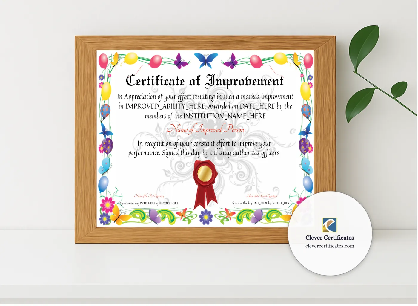 Realistic mockup featuring Certificate Of Improvement displayed within a modern frame, set against a minimalistic background.