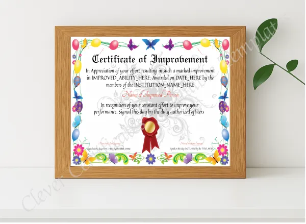Realistic mockup featuring Certificate Of Improvement displayed within a modern frame, set against a minimalistic background.