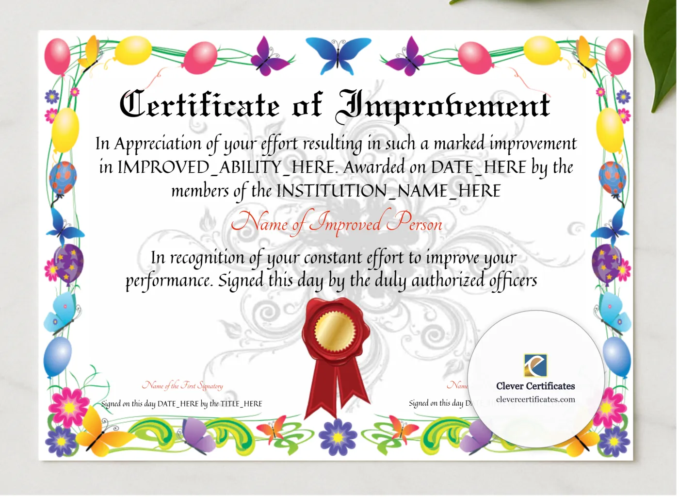 Certificate Of Improvement presented in a sleek wooden frame, elegantly arranged on a stylish table.
