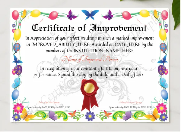 Certificate Of Improvement presented in a sleek wooden frame, elegantly arranged on a stylish table.